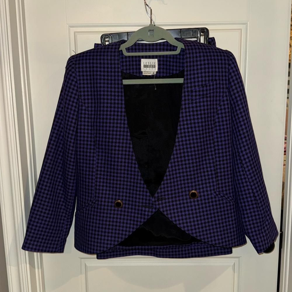 Leslie Fay Vintage Purple & Black Houndstooth Skirt & Blazer Set